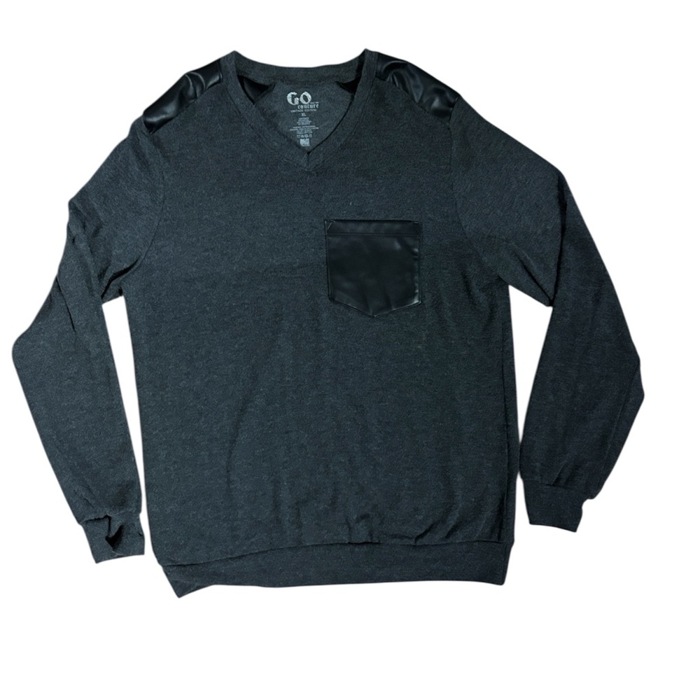 Go Couture Grey V-neck pocket pullover sweatshirt with faux leather detailing